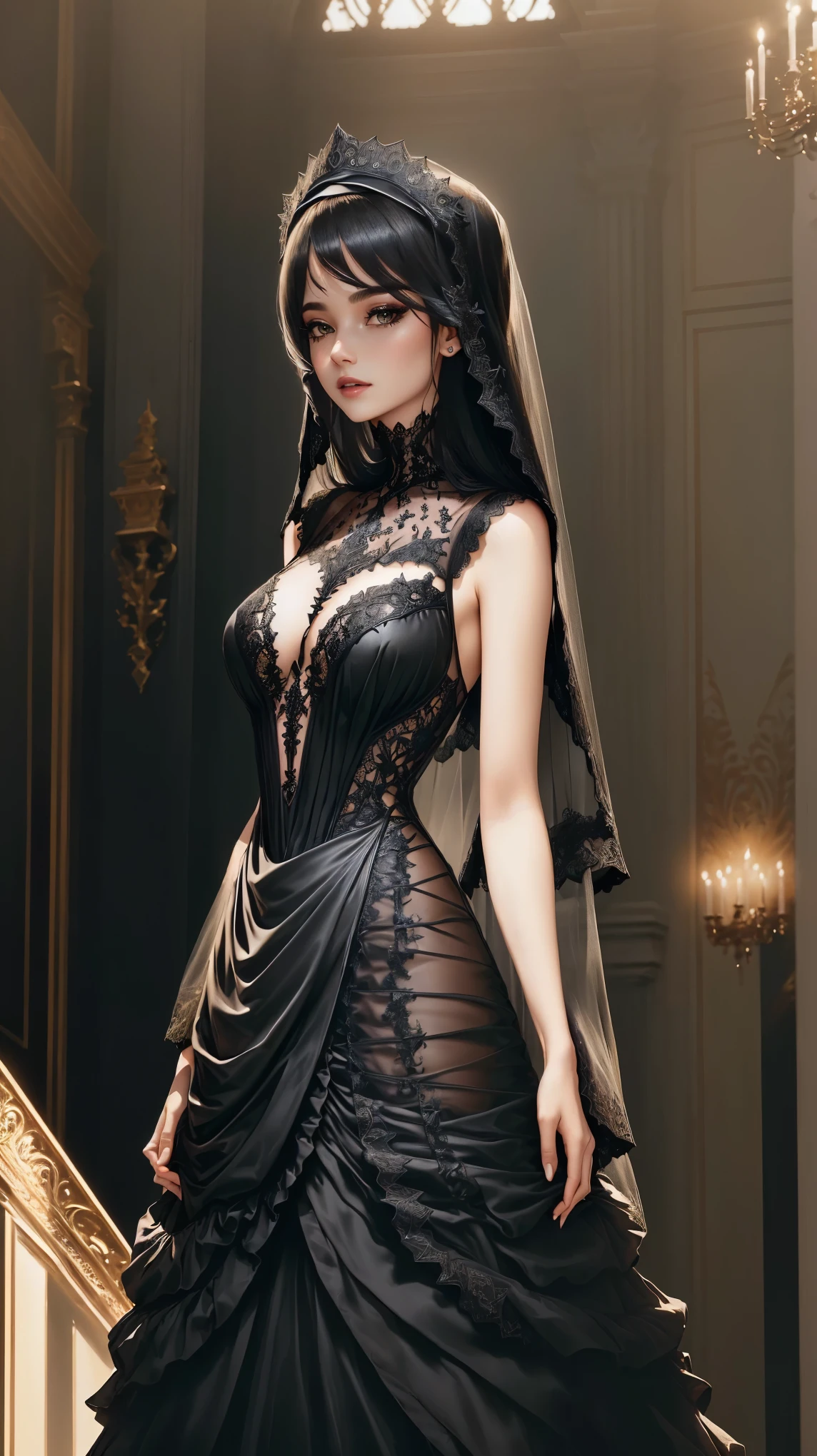 1girl, long sleeves, black dress, off shoulder, bare shoulders, long dress, (see-through), tulle dress,beautiful detailed eyes, beautiful detailed lips, extremely detailed eyes and face, long eyelashes, best quality, 4k, 8k, highres, masterpiece, ultra-detailed, realistic, photorealistic, photo-realistic, ethereal glow, regal elegance, intricate details, luxurious, otherworldly beauty, dark atmospheric background, supernatural aura,  elise,