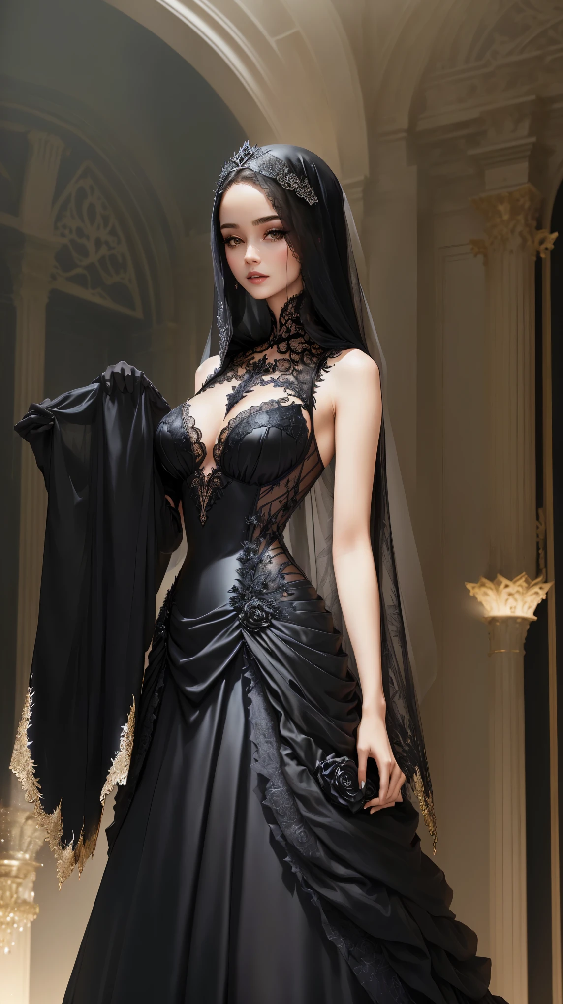 ((highest quality)),(ultra high resolution),(Super detailed),(detailed description),((best CG)),(best work of art),super precision art,amazing drawing art,(Art with precise details:1.5), (Adult woman smiling in a dark room:1.6),(beautiful and well-shaped face:1.5),(transparent black wedding dress:1.6),(Black Wedding Veil:1.5),(flower tattoo:1.5),(gorgeous black bridal shoes:1.4)