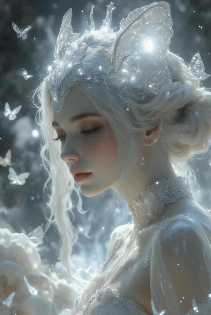  A 19-year-old European and Russian woman ,  with pure white hair like the snow that falls in waves, laegi ,  heavenly eyes ,  Pale and luminous skin . She wears a white silk dress that fits her body perfectly, has a slim body with curves, she also wears a very detailed silver and diamond headband, she lights up in a long tucked bathing with her hair and body and dress wet in the middle of a beautiful fantasy forest with white crystal flowers and many white butterflies surrounding her she looks like a goddess bathed in the lake, beautiful ethereal and divine of that quality hd 4k masterpiece. . 