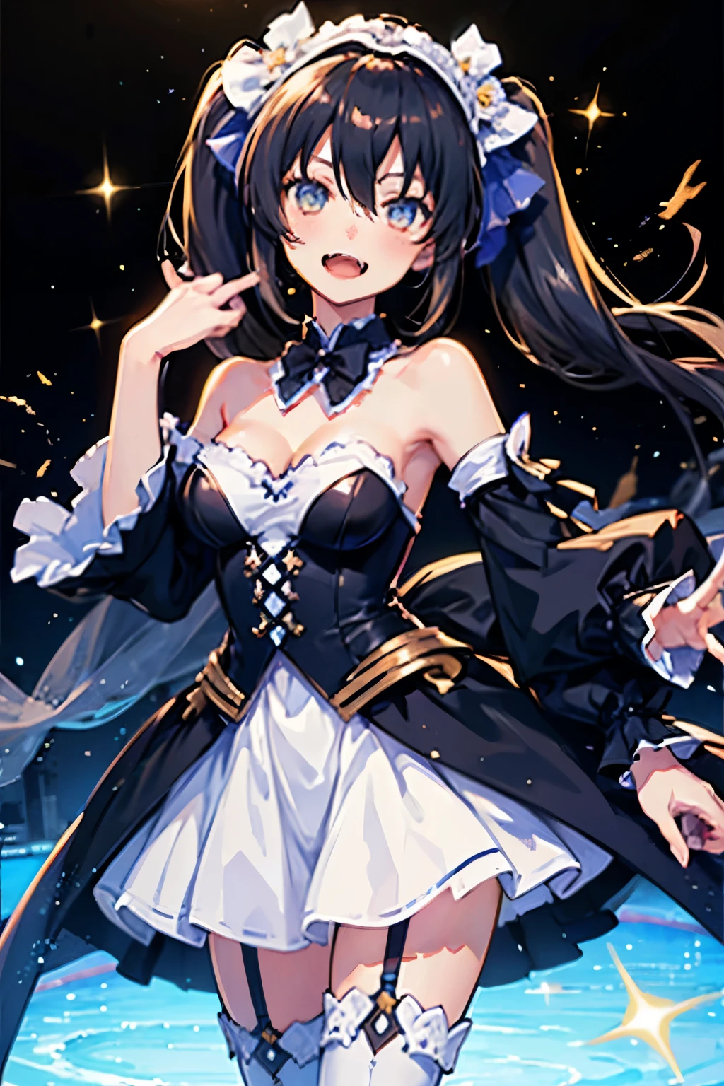 (masterpiece,  top quality:1.2), illustrations,8k, high definition , 1 girl,Alone, cowboy shot ,medium breasts, Twin Tails ,Neptune (series),black (Neptune series), long hair , skirt ,white  skirt ,pleated  skirt , clevis on a stone,bangs,Bare shoulders,black  dress,blackい靴, black hair,blue bow, thigh high socks ,blue bowtie,blue ribbon,bow,bowtie,brooch,button,detached collar,  hair ornament  ,separated sleeve , dress, I can see my eyebrows through my hair,Ruffle sleeves,frills,  garter strap ,white  dress, Gold Trim , hair between eyes,hair ribbon,髪を持っている,gem, Multi Colored Clothes ,multicolored  dress, red eyes,ribbon,short  dress, strapless, strapless  dress, thigh boots, Twin Tails , sticks out his tongue ,  heavy makeup ,  eyes symbol ,  has sharp fangs, Laughing/ good laugh,  eyes sparkle, 