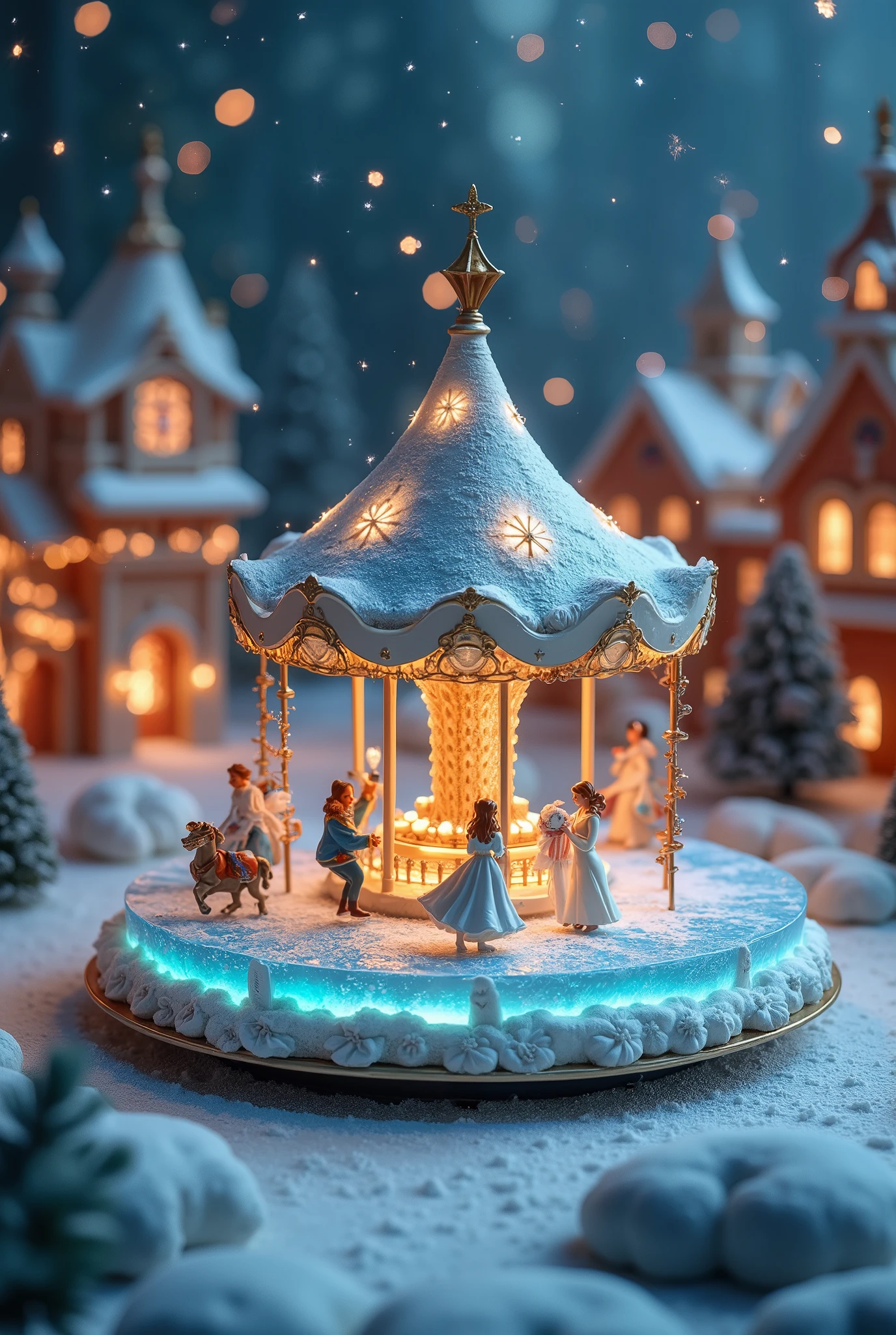 (8k, Highest quality, masterpiece), Christmas decorations, battery operated round decoration cake shaped toy, rotating toys, toys with ice dancing dolls, toys that imitate a Christmas town ,(,A rotating cylinder-shaped toy, A frozen lake, the beauty lady and the beast are ice dancing:1.4,, )