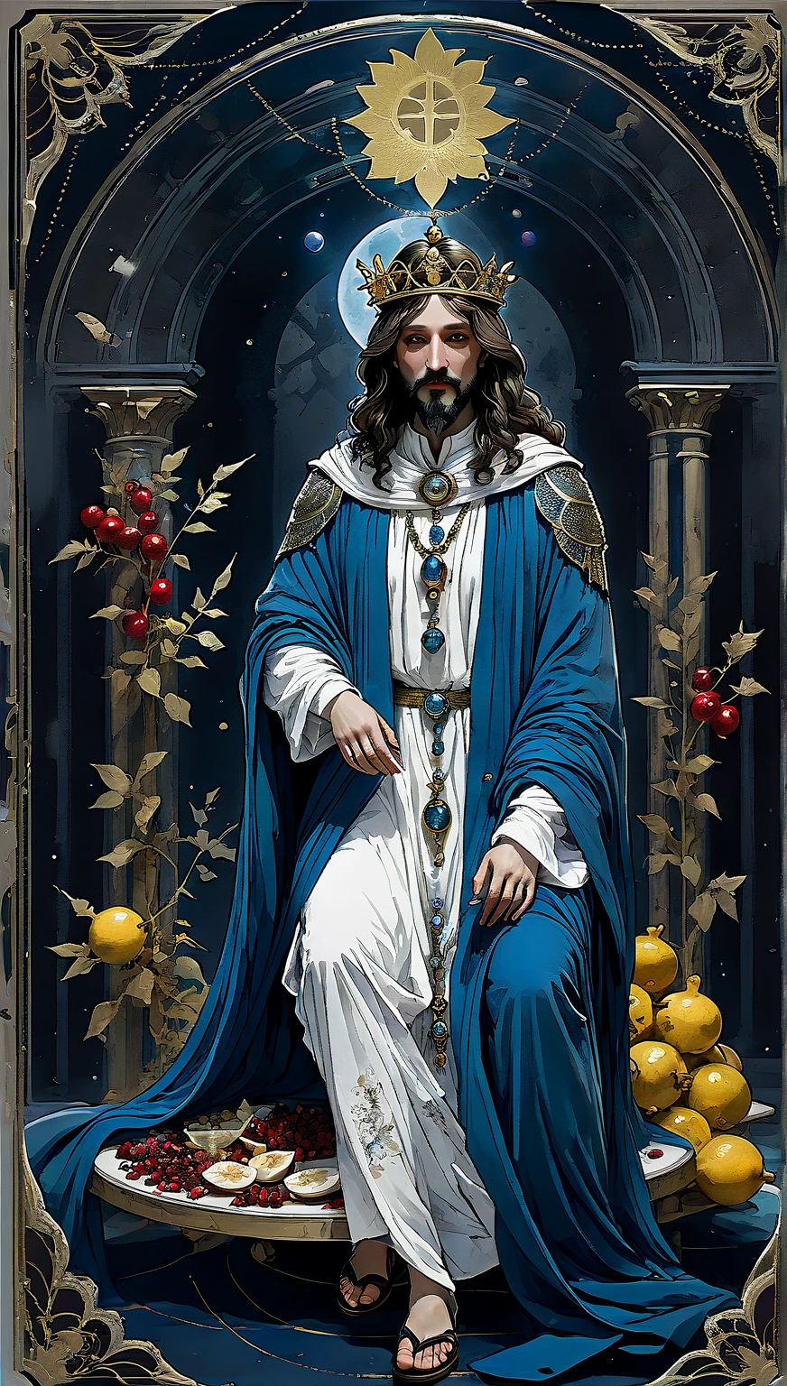 tarot, Serious man seated between columns in front of a veil Blue cloak and white tunic and a crown with three sides of the moon Veil covering a calm sea Pomegranates and Palmeiras in the veil Black and white columns Open flowers on top of the columns Background and cross with shades of yellow and red Torah on the floor ((text at the end of the letter : "")) de Brian Froud e Carne Griffiths e Wadim Kashin ,  intricate details , oil
