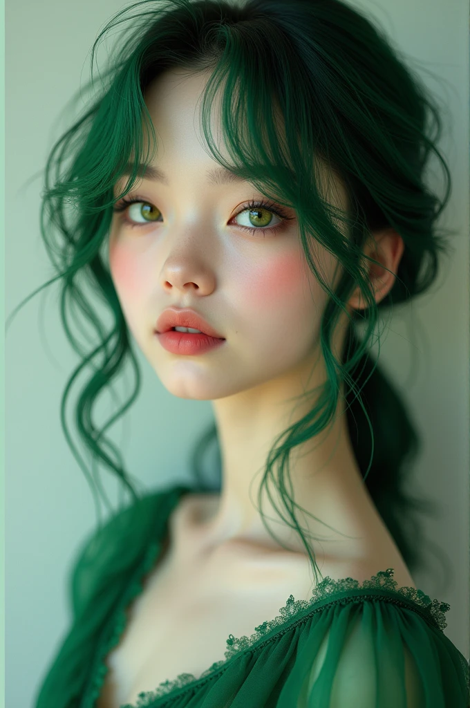 (Best quality, Ultra-detailed, Photorealistic:1.37), 3D anime style girl with green wavy curls, A girl with beautiful and delicate facial features and long eyelashes, Intense red eyes that reflect light, lusciouslips, Multi-colored crystal necklace, Black school uniform with short skirt, Clear black border thigh stockings, Perfect figure, full body shot of, Shot in ultra-wide angle anime style photography.