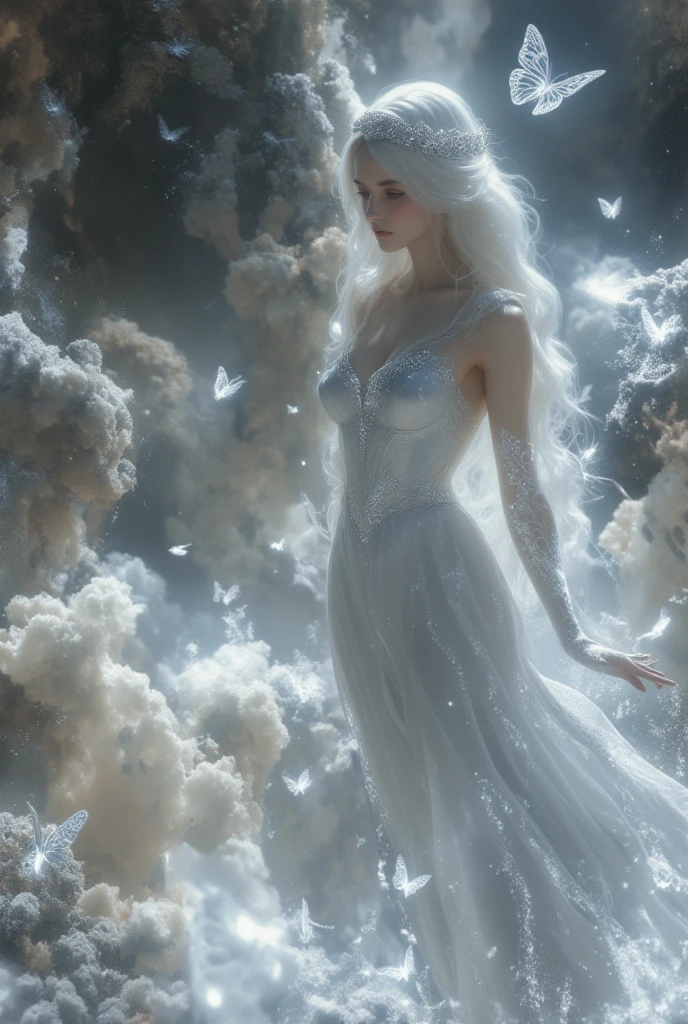  A 19-year-old European and Russian woman ,  with pure white hair like the snow that falls in waves, laegi ,  heavenly eyes ,  Pale and luminous skin . She wears a white silk dress that fits her body perfectly, has a slim body with curves, she also wears a very detailed silver and diamond headband, she lights up in a long tucked bathing with her hair and body and dress wet in the middle of a beautiful fantasy forest with white crystal flowers and many white butterflies surrounding her she looks like a goddess bathed in the lake, beautiful ethereal and divine of that quality hd 4k masterpiece. . 