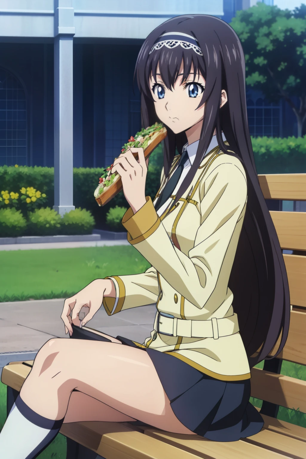 (from side), 1 girl, cute, black hair, long hair, ((hair band)), (sitting on a bench, holding a book, eating a sandwich), (School Uniform, skirt, knee socks), (In the school garden), (anime cels style, Masterpiece, best quality, high resolution, anime colored, megami magazine:1.2, anime poster style, anime keyvisual, sharp, 8k, photorealistic), blue eyes,