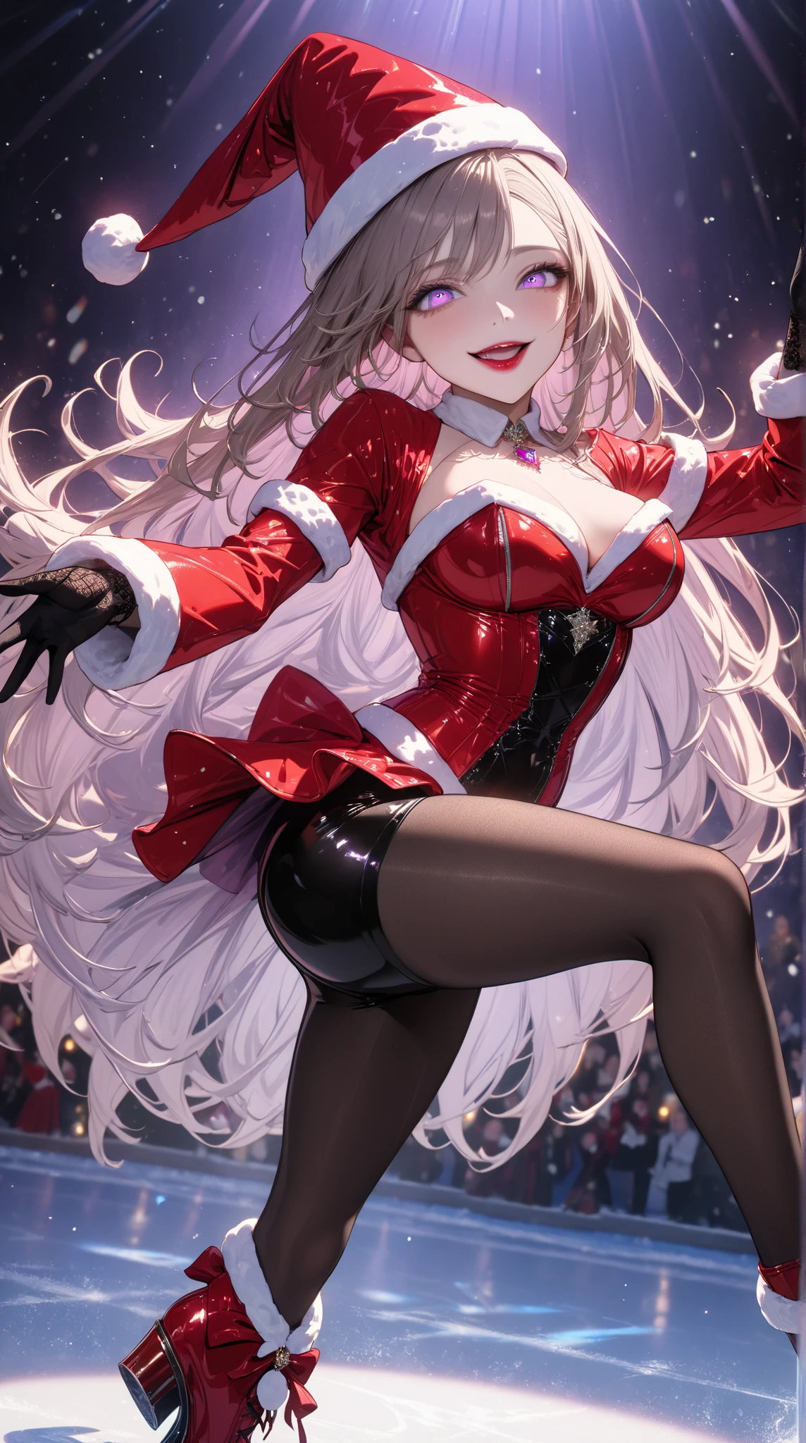 anime, beautiful face, highly detailed face, 2 accurate legs, detailed eyes, highly detailed background, perfect lighting, accurate arms, accurate hands, accurate fingers, full body, 1girl, solo, ruby hoshino, oshi no ko, female santa, sexy santa outfit, santa cape, heels, thighhighs, garter stockings, absurdres, high res, ultrasharp, 8K, masterpiece, looking at viewer (dancing pose:1.4), (full body:1.4), Christmas concert, Christmas performance, Christmas idol, idol, performing, on stage, crowd, fans, dancing, smiling with compassion, mouth open smile, full of delight, blushed, cleavage, breast, leaning_forward, sntdrs