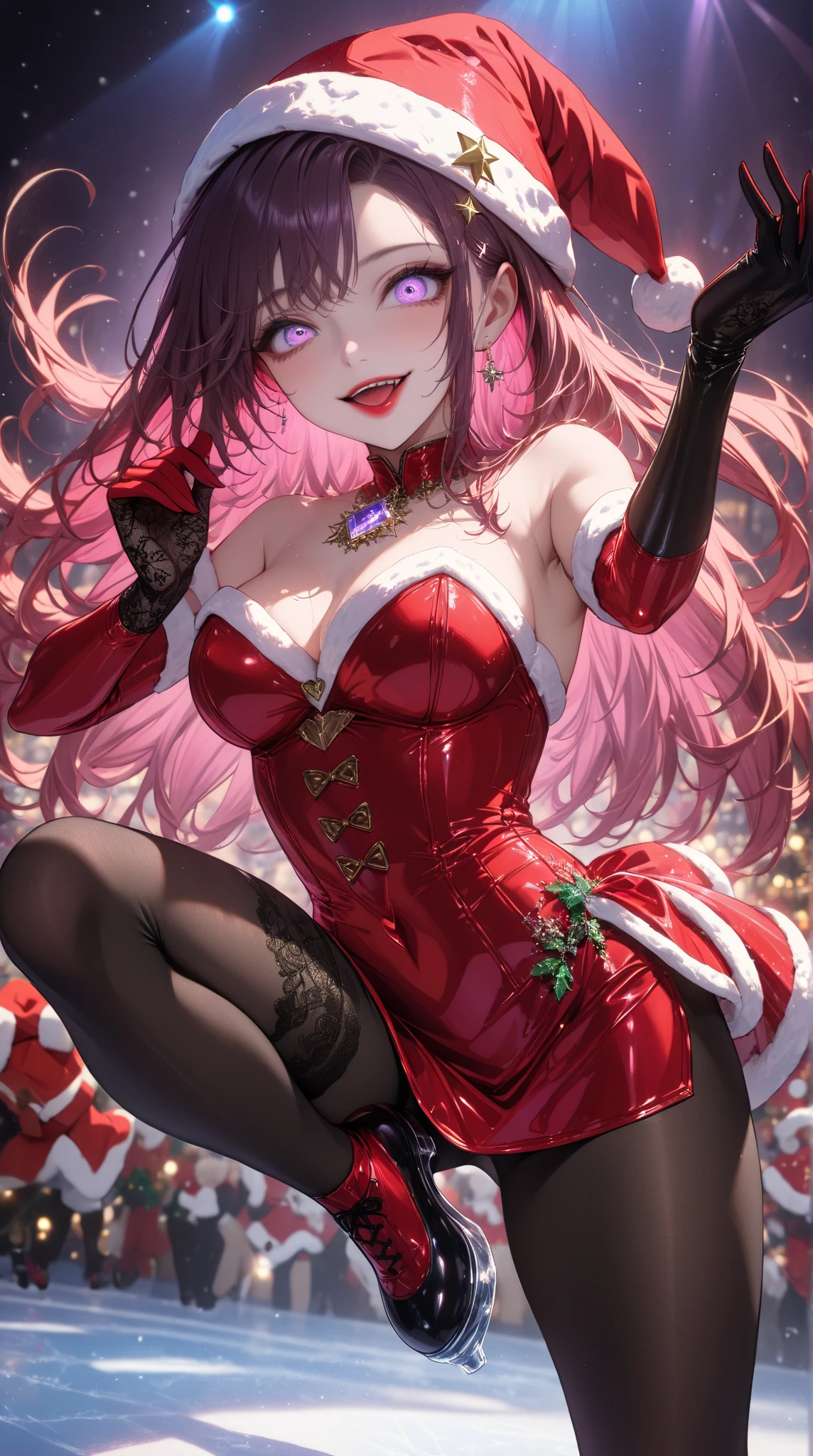 top-quality、Full limbs、complete fingers、Slender beauty、straight haired、Red hair、Beautiful Large Breasts、(Detailed ultra-oily shiny skin:1.1)、oily shiny thighhigh、(Perfect bright red Santa Claus leotard:1.3)、((White High Socks))、Wearing a Santa Claus hat、((Wearing a Santa Manto))、Beautiful、opening legs、legs wide open