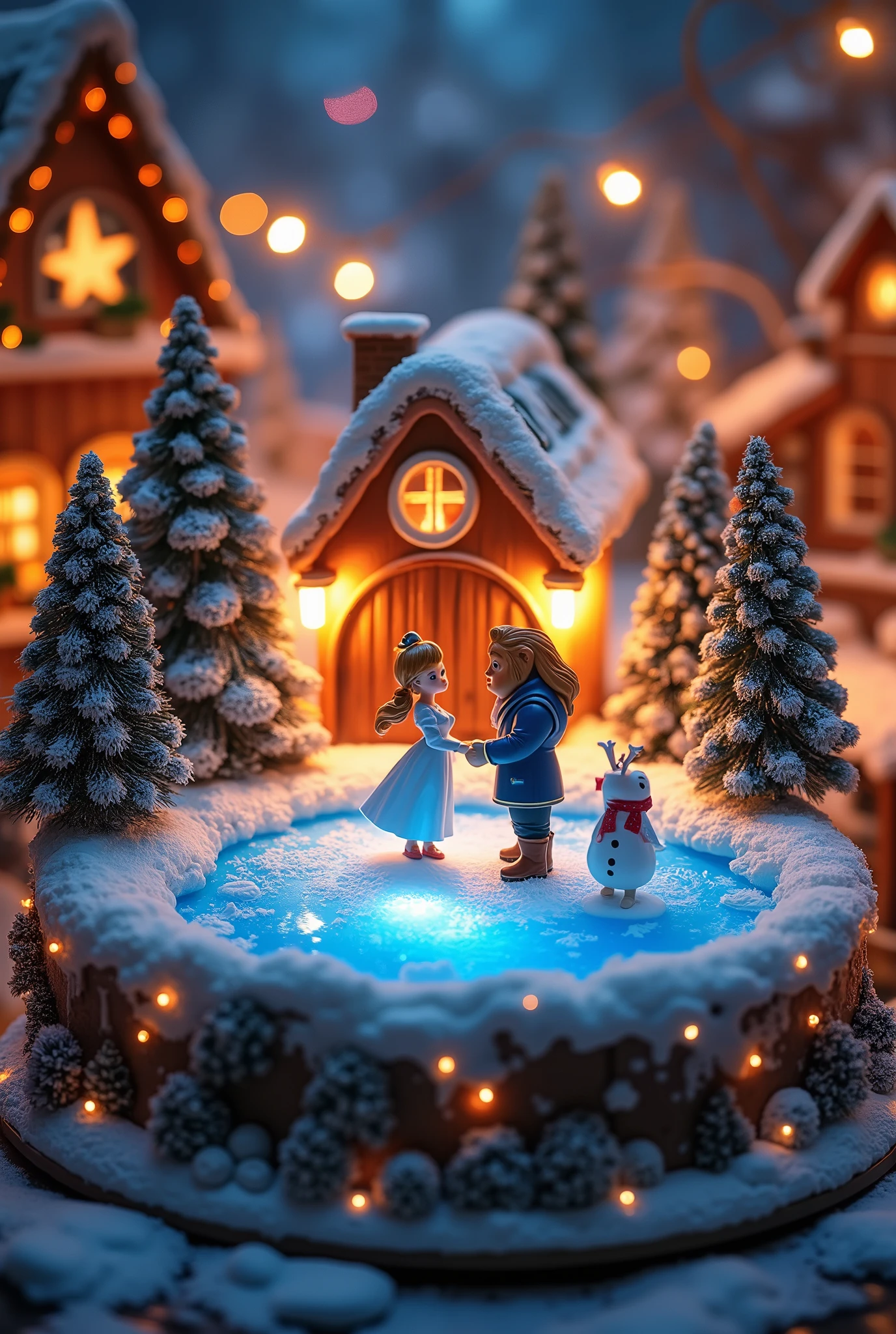 (8k, Highest quality, masterpiece), Christmas decorations, battery operated round decoration cake shaped toy, rotating toys, toys with ice dancing dolls, toys that imitate a Christmas town ,(,A rotating cylinder-shaped toy, A frozen lake, the beauty lady and the beast are ice dancing:1.4,, )