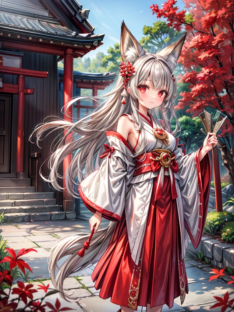 masterpiece,  top quality,(( one girl , medium sized breasts)),Narrow treeshrees,perfect dark red eyes , (( gray hair straight hair, princess cut, long hair on background,White fox ears)),((Luxurious shrine maiden costume,The gorgeous red skirt )), blue-white skin,smile,Clear bright daytime sky ,Shrine grounds,((Facing diagonally upwards, looking into the distance)),red Japanese style hair ornament ,