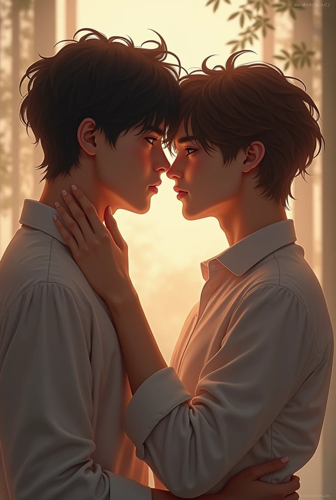 a beautiful boy with delicate features,kissing another beautiful boy tenderly,soft lighting,shallow depth of field,warm color tones,highly detailed,photorealistic,1boy,1boy kissing,bl,yaoi,romance,love,intimate,emotional,sensual,elegant,artistic