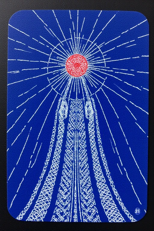 There is an illustration of sacred geometry and UFO with white lines on a blue background,  blotter art ,  indigo occult pattern ,  SILKSCREEN PRINT ,   SYMMETRIC DIE CUT STICKER  ,  very detailedなパネルカット, tile, Symmetrical sticker design ,  Silicone Patch Design , BLUE - PRINT , シルク SCREEN PRINT  ,  SCREEN PRINT ,  Ultra High Definition,  very detailed,  high detail, Red as an additional color