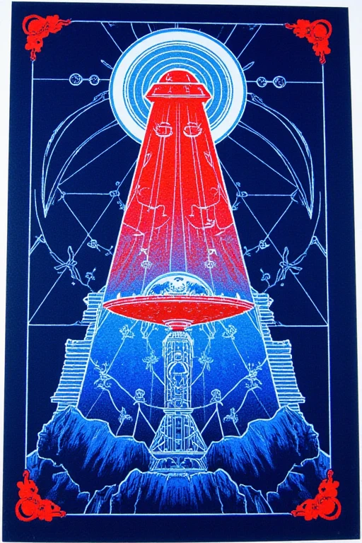 There is an illustration of sacred geometry and UFO with white lines on a blue background,  blotter art ,  indigo occult pattern ,  SILKSCREEN PRINT ,   SYMMETRIC DIE CUT STICKER  ,  very detailedなパネルカット, tile, Symmetrical sticker design ,  Silicone Patch Design , BLUE - PRINT , シルク SCREEN PRINT  ,  SCREEN PRINT ,  Ultra High Definition,  very detailed,  high detail, Red as an additional color