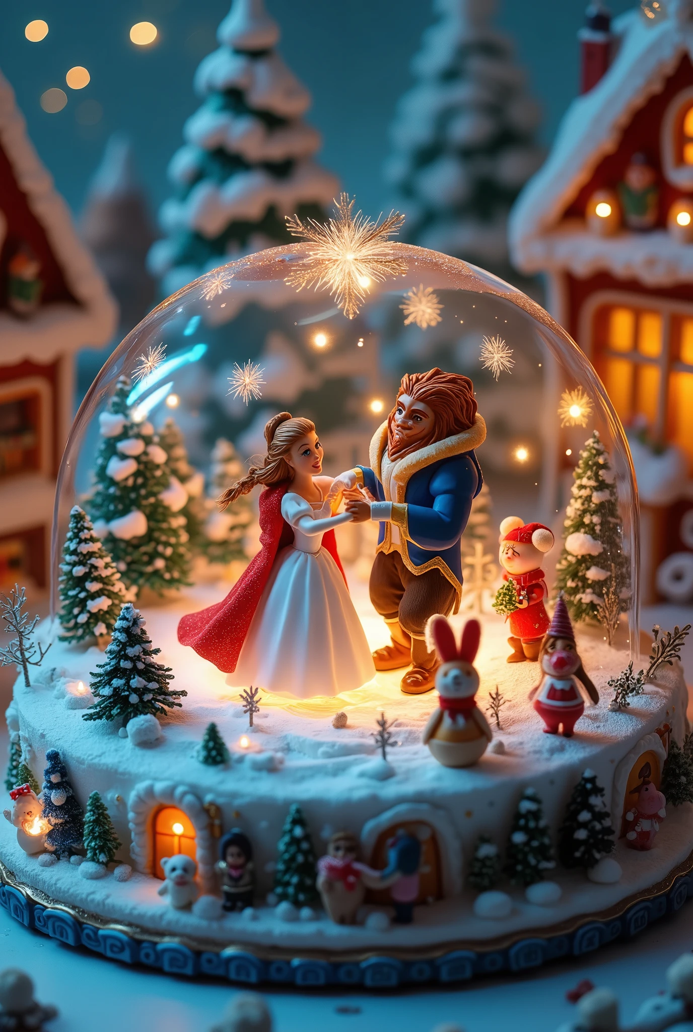 (8k, Highest quality, masterpiece), Christmas decorations, battery operated round decoration cake shaped toy, rotating toys, toys with ice dancing dolls, toys that imitate a Christmas town ,(,A rotating cylinder-shaped toy, A frozen lake, the beauty lady and the beast are ice dancing:1.4,, )