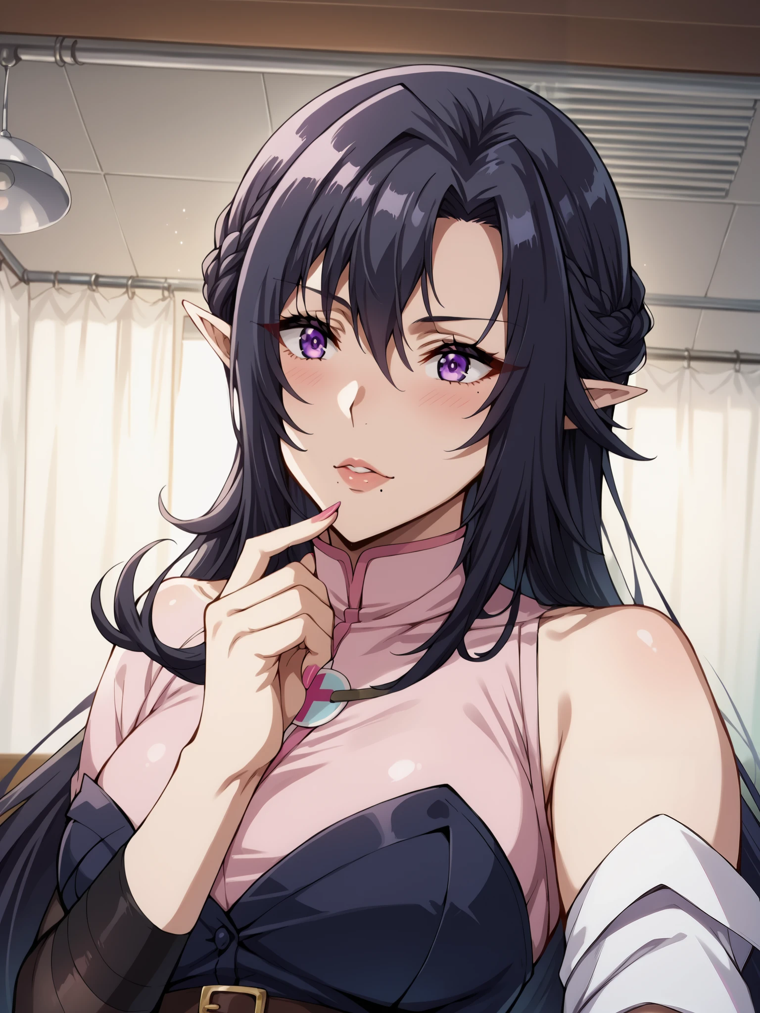 score_9, score_8_up, score_7_up, source_anime,4K,perfect fingers,
1girl,shadowgamma, gamma, long hair, purple eyes, black hair, very long hair, pointy ears, mole, mole under mouth,
nurse_uniform, nurse cap,(pink_shirt:1.4),pink_dress, wristwatch,Belt,pencil skirt, (Closed_clothes:1.2),garter_belt, garter_straps,