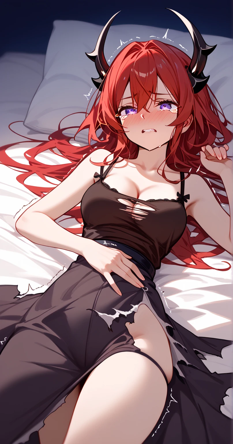 Armpits spread, detailed, red hair, purple eyes, dominant, fangs, black dress, thigh slit, dark background, high thigh slit dress