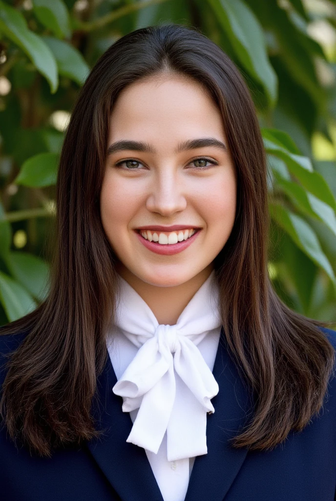 (masterpiece, best quality:1.3), 1girl, Alone, 
she wear in dark blue high school blazer uniform and immaculate blouse with white ribbon tie.,
young Jennifer Connelly at age 18, 
with cute face yet with precocious female body,
no make up, flawless pale skin, 
joyful smile,
plump cheeks, 
scooped nose arched high with a turned-up tip,
plump blreasts, broad shoulders, 
wet long dark hair,
under bright natural light illuminating on her face,
oiled shine skin,

(Browse:-2), Face correction///Put on some clothes, (Faithfully reproduce image details1.37), (１Beautiful woman), 20 years old, (Best quality calibration:1.21), 32K resolution, (Practical:1.21), (超Practical:1.21), High resolution UHD, (masterpiece:1.21), (Quality Improvement:1.21), (Very nice facial details), (Perfect Anatomy:1.21), Physically Based Rendering, Ray Tracing, (Highest quality real texture skin:1.21), (Symmetrical and detailed eyes:1.21), Delicate eyelashes_eyebrow, (Clear focus), Professional movie lighting,  Browse:-2,