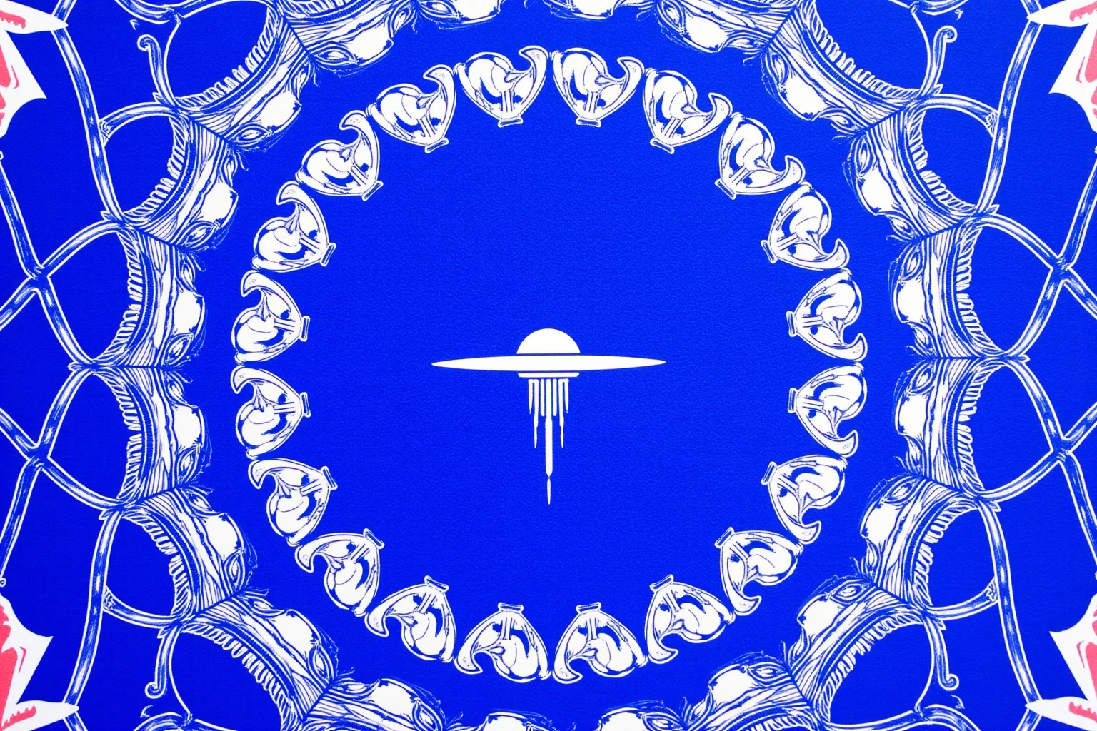 There is an illustration of sacred geometry and UFO with white lines on a blue background,  blotter art ,  indigo occult pattern ,  SILKSCREEN PRINT ,   SYMMETRIC DIE CUT STICKER  ,  very detailedなパネルカット, tile, Symmetrical sticker design ,  Silicone Patch Design , BLUE - PRINT , シルク SCREEN PRINT  ,  SCREEN PRINT ,  Ultra High Definition,  very detailed,  high detail, Red as an additional color