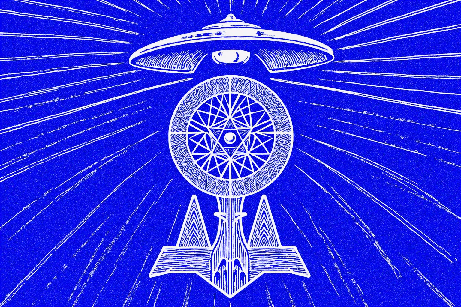 There is an illustration of sacred geometry and UFO with white lines on a blue background,  blotter art ,  indigo occult pattern ,  SILKSCREEN PRINT ,   SYMMETRIC DIE CUT STICKER  ,  very detailedなパネルカット, tile, Symmetrical sticker design ,  Silicone Patch Design , BLUE - PRINT , シルク SCREEN PRINT  ,  SCREEN PRINT ,  Ultra High Definition,  very detailed,  high detail, Red as an additional color