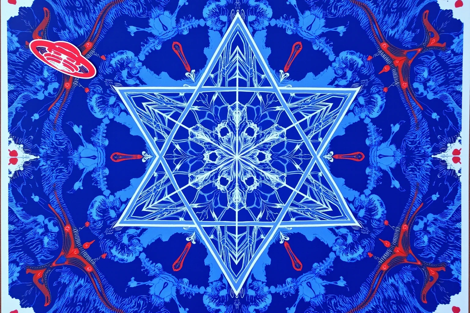 There is an illustration of sacred geometry and UFO with white lines on a blue background,  blotter art ,  indigo occult pattern ,  SILKSCREEN PRINT ,   SYMMETRIC DIE CUT STICKER  ,  very detailedなパネルカット, tile, Symmetrical sticker design ,  Silicone Patch Design , BLUE - PRINT , シルク SCREEN PRINT  ,  SCREEN PRINT ,  Ultra High Definition,  very detailed,  high detail, Red as an additional color