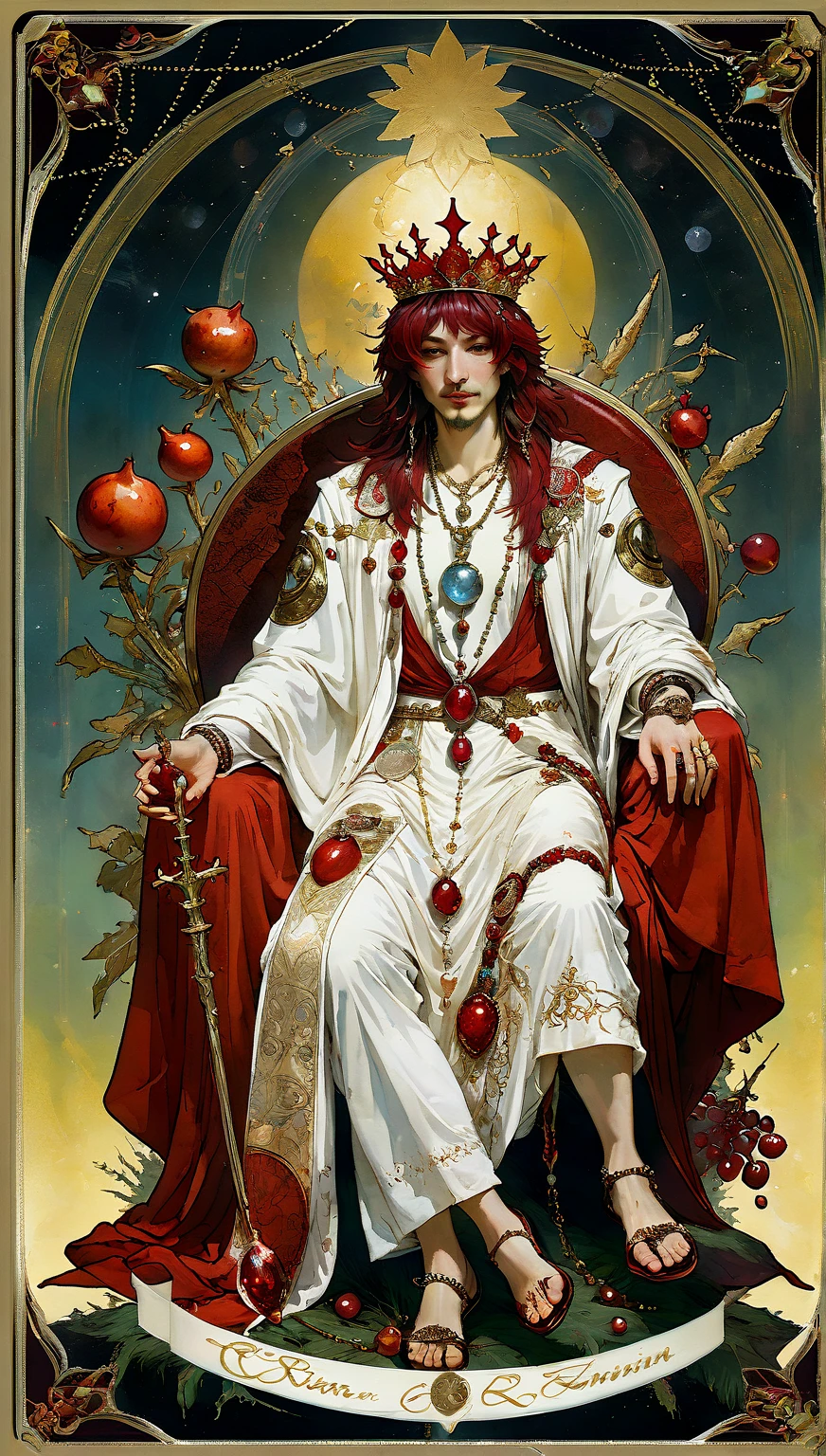 tarot,  Man sitting relaxed on a red throne White robe adorned with pomegranates and crown with 12 stars and pearl necklace Scepter with sphere and shield with heart and symbol of Venus Yellow background and fertile field, wheat and tall trees  ((text at the end of the letter : "")) de Brian Froud e Carne Griffiths e Wadim Kashin ,  intricate details , oil
