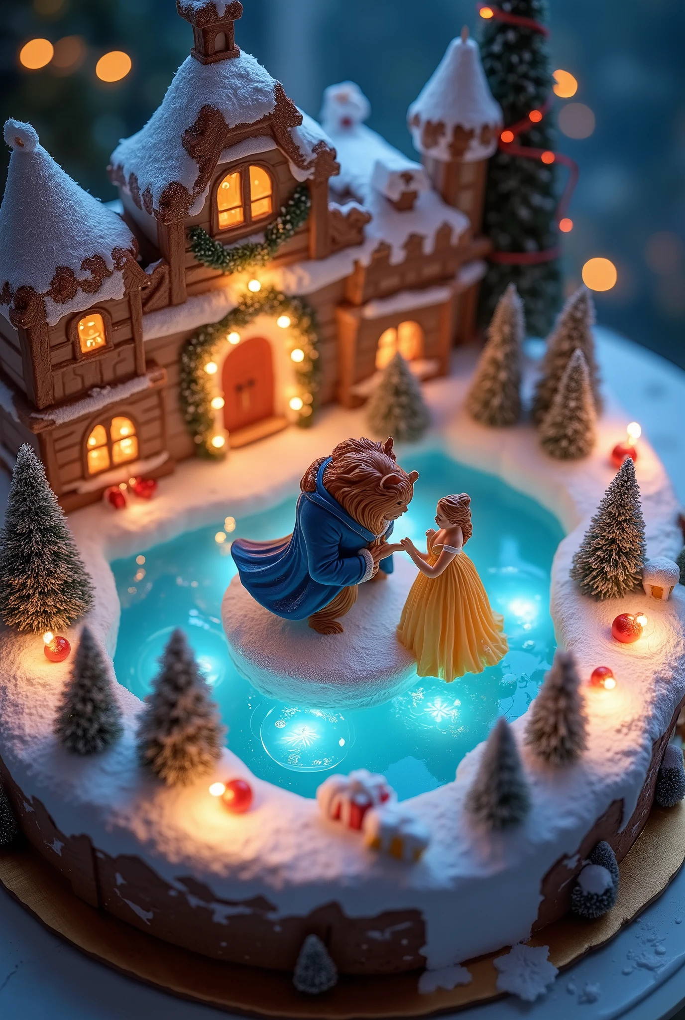 (8k, Highest quality, masterpiece), Christmas decorations, battery operated round decoration cake shaped toy, rotating toys, toys with ice dancing dolls, toys that imitate a Christmas town ,(,A rotating cylinder-shaped toy, A frozen lake, the beauty lady and the beast are ice dancing:1.4,, )