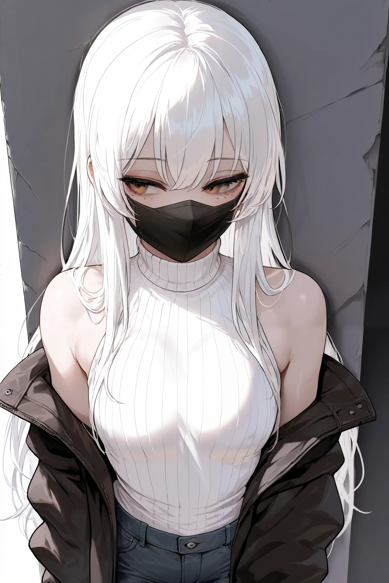 flat breast, long hair, Alone, white hair, white sweater, bare shoulders, open jacket white, denim short, black face mask, leaning against the wall,  high resolution, masterpiece,  anatomically correct ,  ultra high definition ,  smooth skin, Under eye spots, 