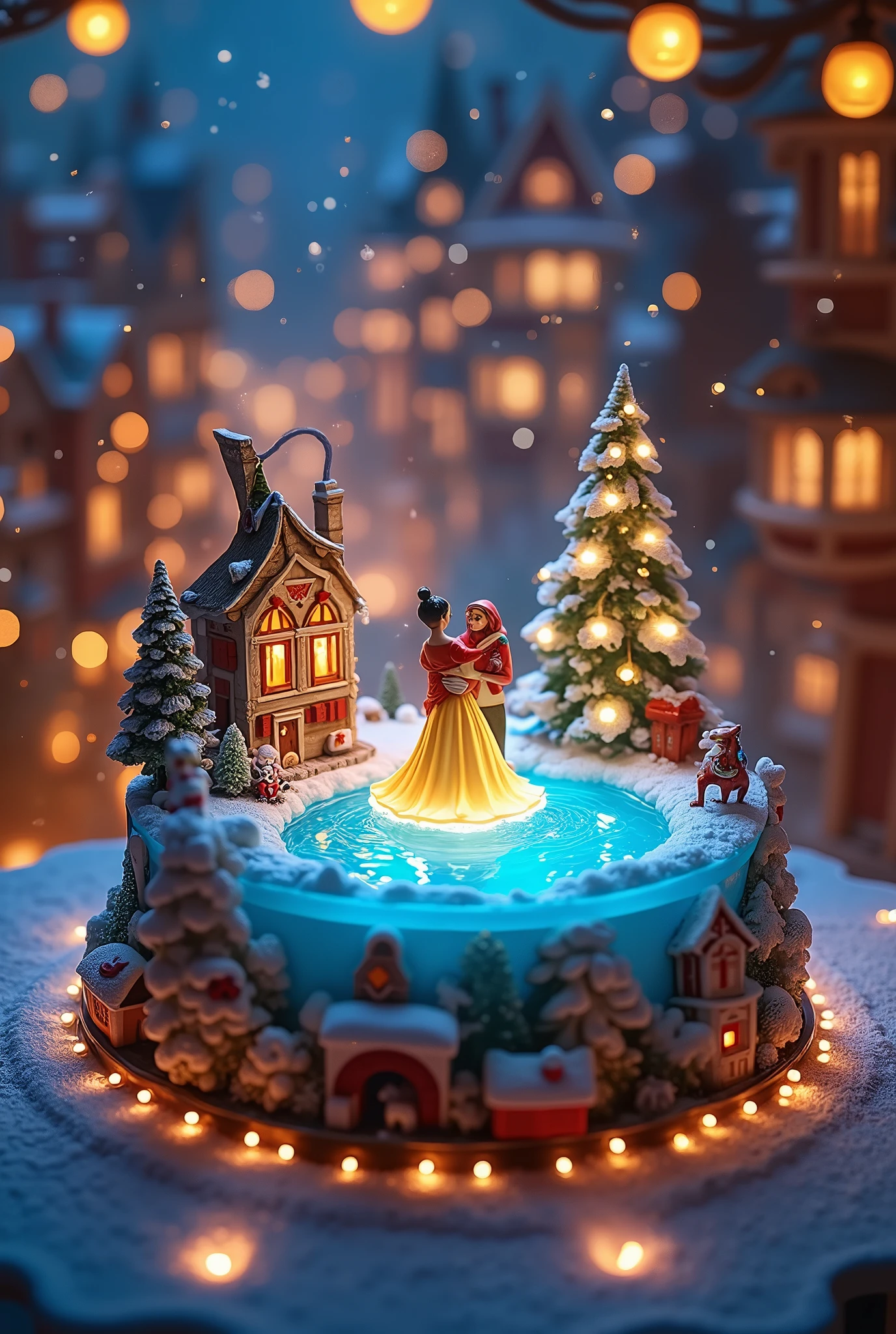 (8k, Highest quality, masterpiece), Christmas decorations, battery operated round decoration cake shaped toy, rotating toys, toys with ice dancing dolls, toys that imitate a Christmas town ,(,A rotating cylinder-shaped toy, A frozen lake, the beauty lady and the beast are ice dancing:1.4,, )