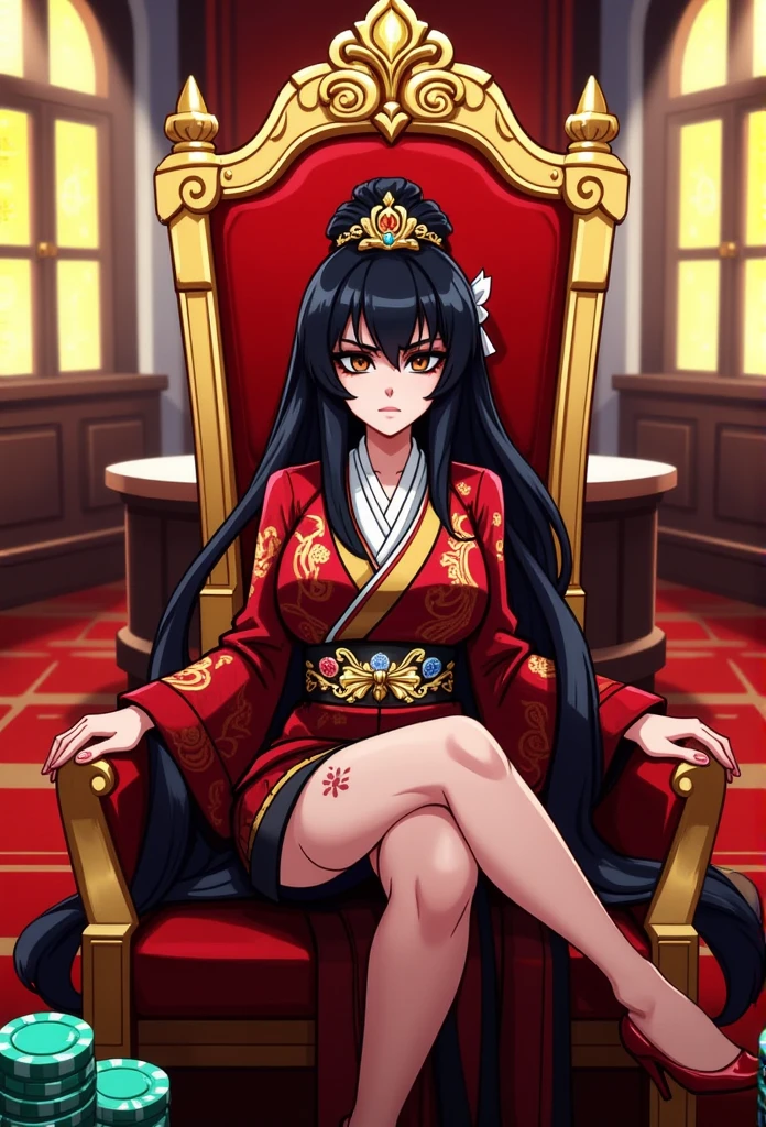 a woman wearing a red dress, in a luxurious room, smiling, long black hair, red eyes.
