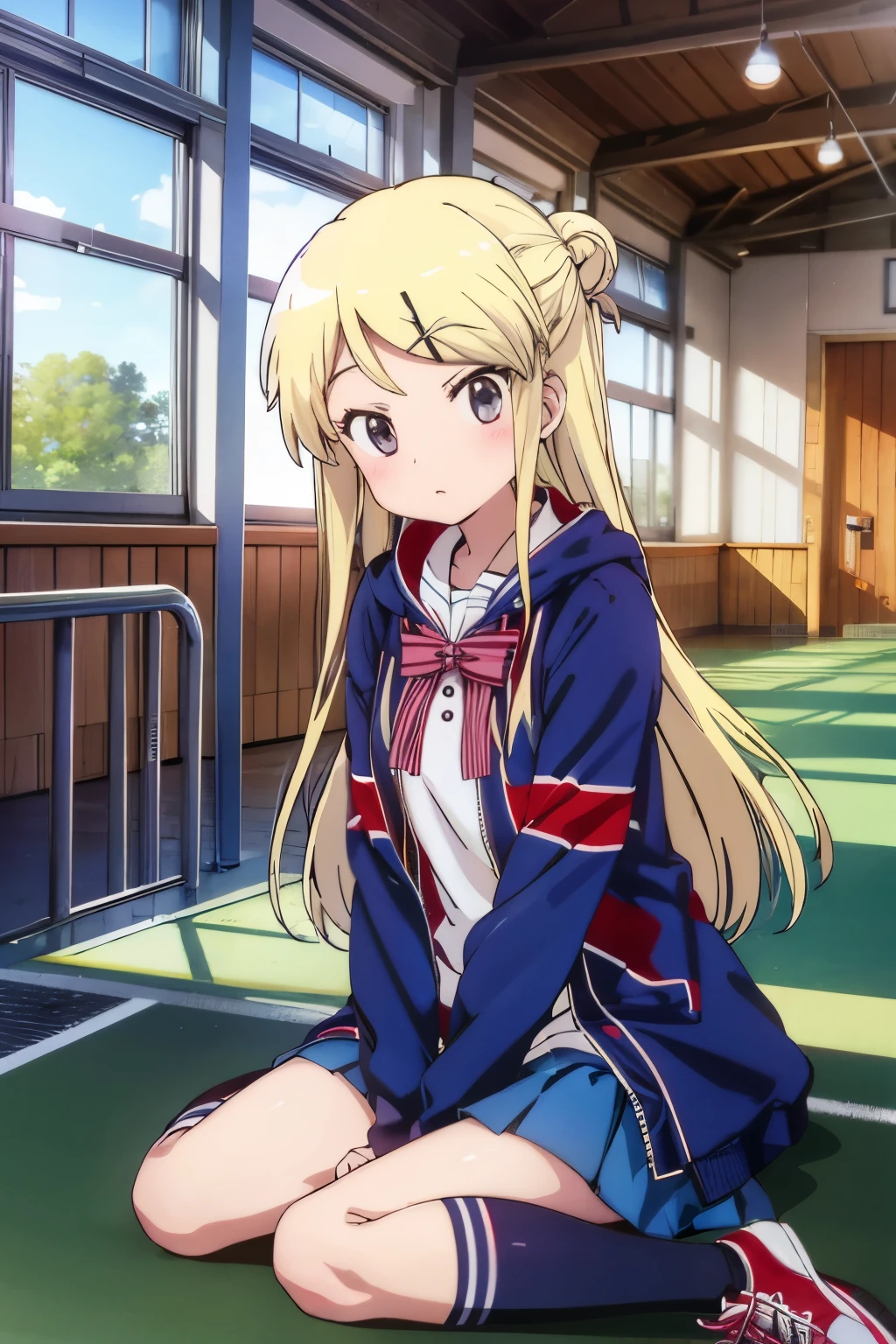 KUJO KAREN UNION JACK JACKET, a girl in a sailor suit who is unwell sitting on the floor of the gymnasium is watching the class, STRIPED BOW, WHITE SHIRT, LONG SLEEVES, PLEATED SKIRT, BLUE SKIRT, KNEEHIGHS, SNEAKERS