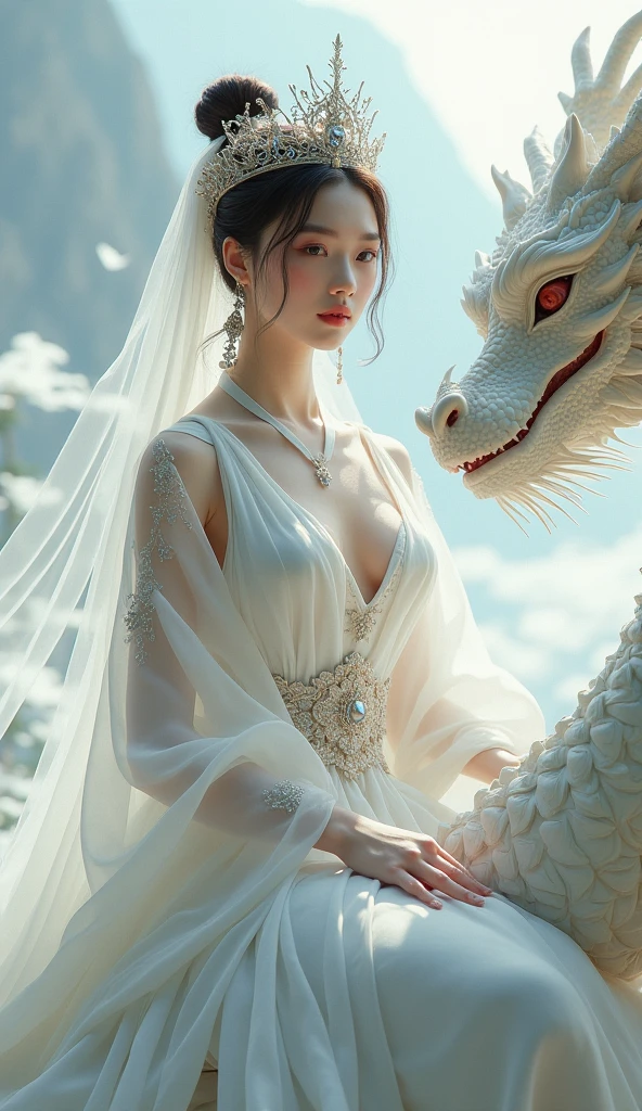 (very heavy chest)、highest quality、masterpiece、ultra high resolution、(ice dragon armor)、(((Metal製))),(((big breasts)))、(((Pink micro bikini with exposed details))),(she wears a beautiful crown made of precious stones.),(Photoreal:1.4)、RAW photo、1 girl、(((random hair))、(((color々take a pose)))、glowing skin、(((ice ice chinese dragon)))、intricate and gorgeous hair ornaments、(Looks like a gorgeous jewelry necklace)、(someone who looks at you calmly, Eyes like a goddess.)happiness:1.2).((beautiful sea background))、cliff、(ruins background)、((Ultra realistic details))、portrait、global illumination、(sexy pose)、Shadow、octane rendering、16k、big breasts、Raw skin exposed in the cleavage、Metal、intricate decorative details、Japan details、very intricate details、realistic light、CG Society Trenlow Eyes、Eyes shining towards the camera、(veil)、(((heavy big))),Shining eyes shine、armpit、24k,
