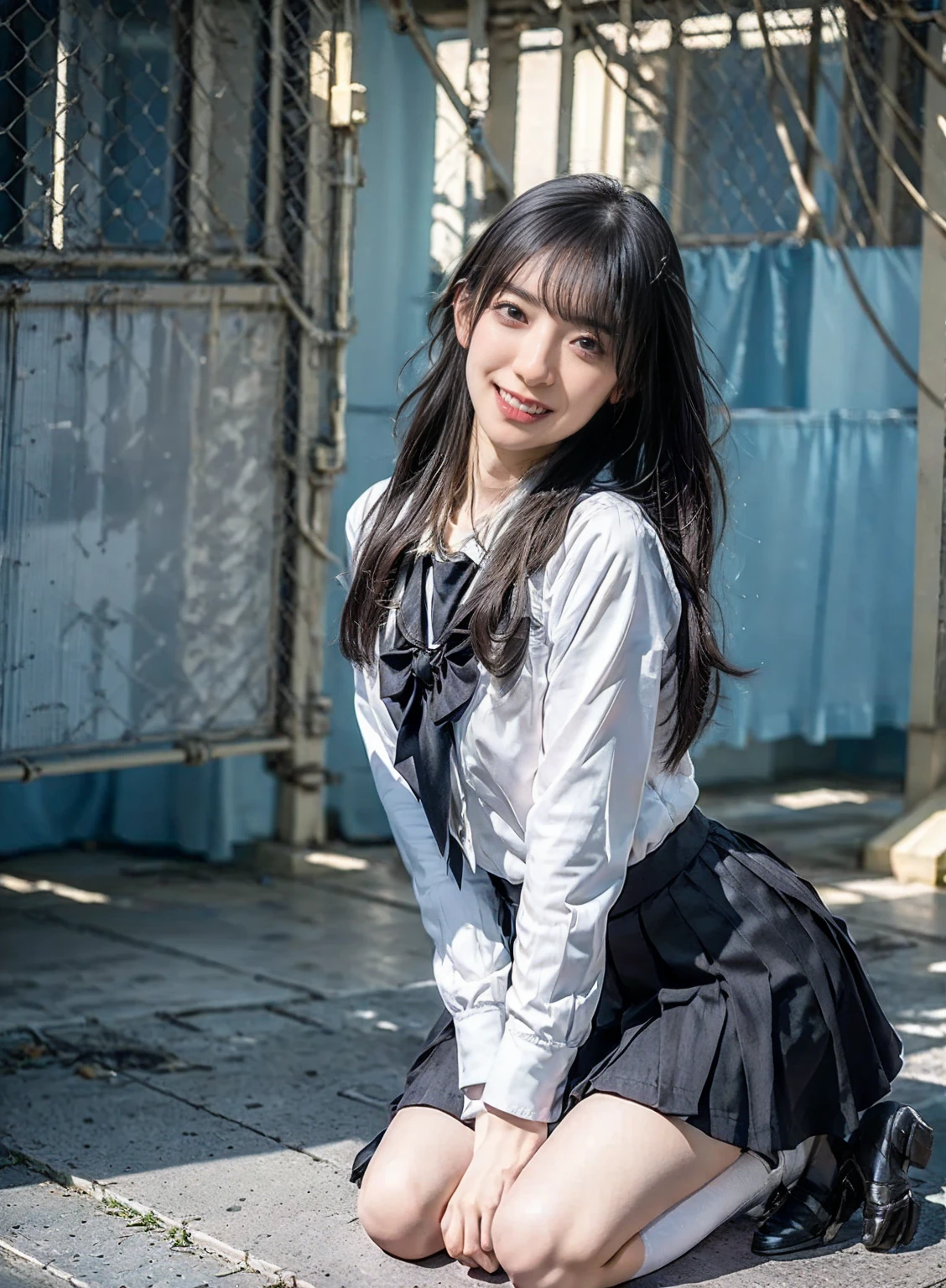 (8K、Raw photography、Highest quality、masterpiece:1.2),(Black Hair、Dark Eyes:1.9),(high school girl、school uniform:1.6)、View your viewers,Front view,White skin,(Checkered Pleated Skirt:1.4)、(Tight waist:1.6)、(Clothes that accentuate the shape of the breasts:1.0)、(Big Breasts :1.3)、Slim figure、Ultra-high resolution,beautiful,beautiful fece,(One person、No background:1.9),whole bodyボディー,Japanese women,(reality的:1.37)、Photon Mapping,reality、(Baby-faced and cute: 1.2)、(Cute Smile: 1.8)、(Round face: 1.8)、Radio City、Physically Based Rendering、Depth of field rally background、photograph, (I can see your knees、Thigh close-up:1.8),(:1.6),whole body、Great quality