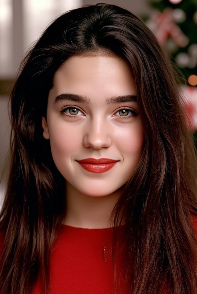 (masterpiece, best quality:1.3), 1girl, Alone, 
she wear christmas costume.,
young Jennifer Connelly at age 18, 
with cute face yet with precocious female body,
no make up, flawless pale skin, 
joyful smile,
plump cheeks, 
scooped nose arched high with a turned-up tip,
plump blreasts, broad shoulders, 
wet long dark hair,
under bright natural light illuminating on her face,
oiled shine skin,
cristmas background,

(Browse:-2), Face correction///Put on some clothes, (Faithfully reproduce image details1.37), (１Beautiful woman), 20 years old, (Best quality calibration:1.21), 32K resolution, (Practical:1.21), (超Practical:1.21), High resolution UHD, (masterpiece:1.21), (Quality Improvement:1.21), (Very nice facial details), (Perfect Anatomy:1.21), Physically Based Rendering, Ray Tracing, (Highest quality real texture skin:1.21), (Symmetrical and detailed eyes:1.21), Delicate eyelashes_eyebrow, (Clear focus), Professional movie lighting,  Browse:-2,