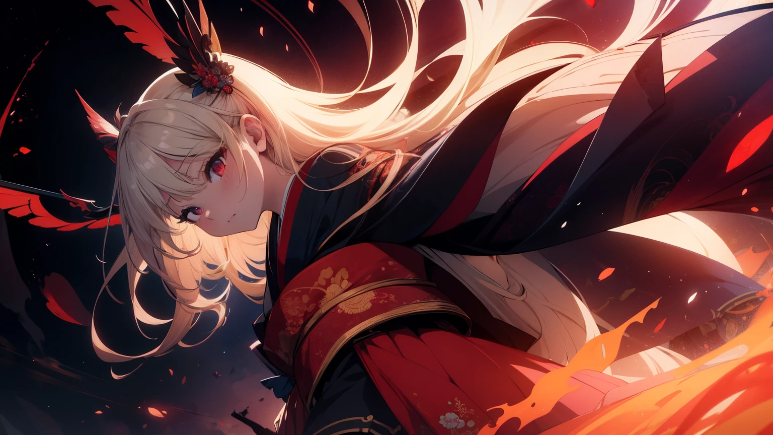 light particles, soft lighting, volumetric lighting, intricate details, finely detailed,
1girl, solo,
blonde hair, long hair, high ponytail,
red eyes, long eyelashes, thick eyelashes, looking at viewer,
red dress, ornate dress, backless dress, puffy sleeves, juliet sleeves, (long sleeves:1.2), red bow,
black background, simple background, from behind,
<lora:Unleashed_V1.5_prunned:1.75>