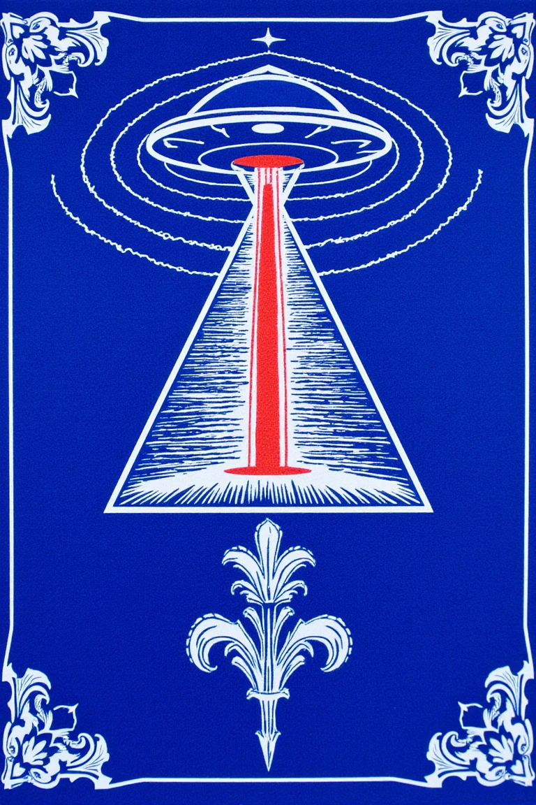 There is an illustration of sacred geometry and UFO with white lines on a blue background,  blotter art ,  indigo occult pattern ,  SILKSCREEN PRINT ,   SYMMETRIC DIE CUT STICKER  ,  very detailedなパネルカット, tile, Symmetrical sticker design ,  Silicone Patch Design , BLUE - PRINT , シルク SCREEN PRINT  ,  SCREEN PRINT ,  Ultra High Definition,  very detailed,  high detail, Red as an additional color