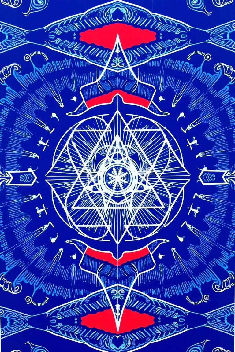 There is an illustration of sacred geometry and UFO with white lines on a blue background,  blotter art ,  indigo occult pattern ,  SILKSCREEN PRINT ,   SYMMETRIC DIE CUT STICKER  ,  very detailedなパネルカット, tile, Symmetrical sticker design ,  Silicone Patch Design , BLUE - PRINT , シルク SCREEN PRINT  ,  SCREEN PRINT ,  Ultra High Definition,  very detailed,  high detail, Red as an additional color