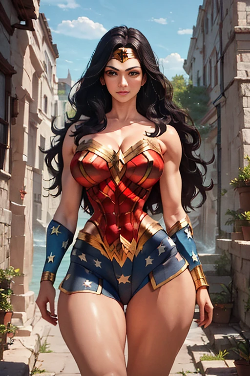 (High-definition CG), (    top quality ), (High-definition CG), (    top quality ), (Overall view)  cool and handsome face   ,      Wonder Woman costume    ,       beautiful young woman , 18 years old,        toned musculature     ,  Cool and charming    ,    sharp eye, Big Breasts, 