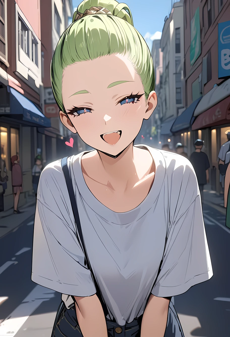 (((Best quality, 8k, Masterpiece: 1.3)), ((best quality)), ((masterpiece)), (detailed), perfect face, (detailed skin:1.3), (intricate details), Detailed eyes, green hair, bangs pinned back, ager, street, wink, happy, Heart symbol