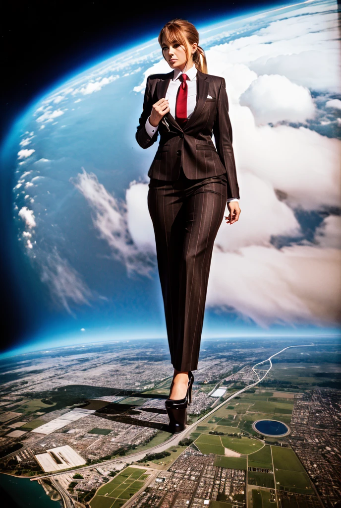 Giantess art, (towering over a 100 miles tall) bbw giant schoolgirl in distance walking on countries, young women with beautiful curves, massive thighs, ginger hair, lipstick, wearing a pinstripe trouser suit and blazer, crisp white shirt with large collar, shirt covering breasts, large blade width Windsor knot red tie, with massive breasts. She is wearing platform high heels and standing on a miniature city, with massive cities no bigger than her feet, smiling with her huge breasts. This image is highly detailed, photorealistic, best quality, a masterpiece, with cinematic lighting, ultra-detailed, long ponytail hair with front bangs, high altitude photography, satellite view, a curvy figure, heaving bosom, legs, a stepping on mulitple mega city,, destruction, buildings, roads, a cloudy, overcast, hazy atmosphere, and wispy clouds. Seen from orbit