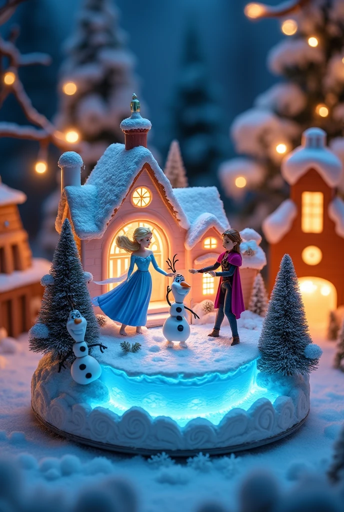 (8k, Highest quality, masterpiece), Christmas decorations, battery operated round decoration cake shaped toy, rotating toys, toys with ice dancing dolls, toys that imitate a Christmas town ,(,A rotating cylinder-shaped toy, A frozen lake, Characters from the movie Frozen are ice dancing, Elsa, Anna, Olaf:1.4,, )