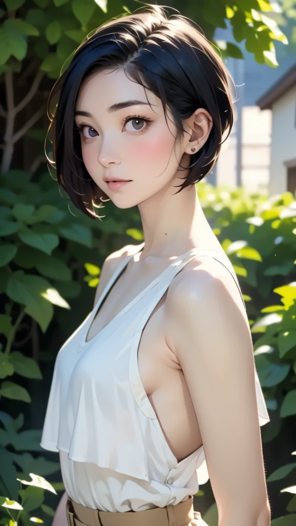 (((pixel-perfect, detail-perfect))), HDR, 4K, 1girl, solo, exposed back, looking at viewer, upper body, black hair, bob_hair, short-hair, short bob hair, (((bobcut) )), ((haircut:1.3)), undercut, bobbed hair, minibob, sidecut, buzz haircut, sidecut, side of head shaved, purple eyes, ((Shave his hair)), Short ear hair, graduation bob, (cowboy shot:1.5), straight short hair, buzzed nape, tank top, nike logo, ((Extremely precise and accurate anatomy:1.0)),Kind eyes,Graceful pose,(Beauty of form:1.4) Golden ratio, big eye,(nature's providence:1.4),