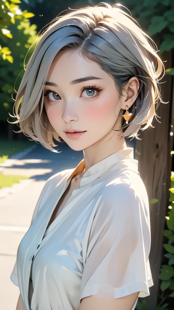 (highest quality, masterpiece), One girl, beautiful girl, Brown_eye, ((hair color [Silver hair], [Pixie cut with front hair] hair)), Earrings, lips, Short sleeve,Realistic, Tight waist, Charm, Colorful Makeup, Long eyelashes, Fair skin, (cute), (Detailed face), Detailed eye, Detailed iris,((Extremely precise and accurate anatomy:1.0)),Kind eyes,Graceful pose,(Beauty of form:1.4) Golden ratio, big eye,(nature's providence:1.4),