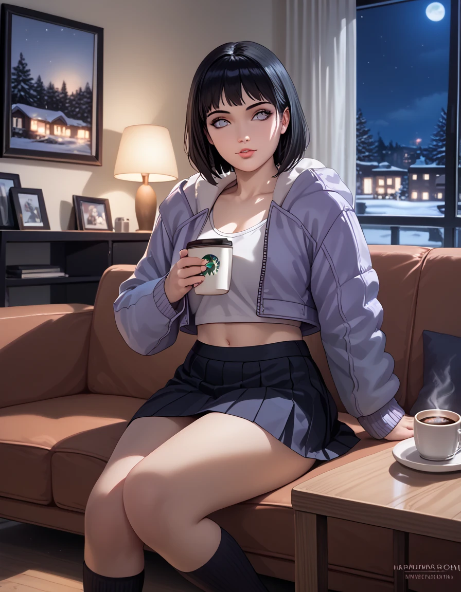 Woman,alone,black hair, jacket,skirt,winter,night, home,living room,sitting sofa,Hot coffee cup,heater,Very details,top quality, high precision,beautiful lighting,high precision,detailed skin,very detailed,faces and detailed eyes,realistic eyes