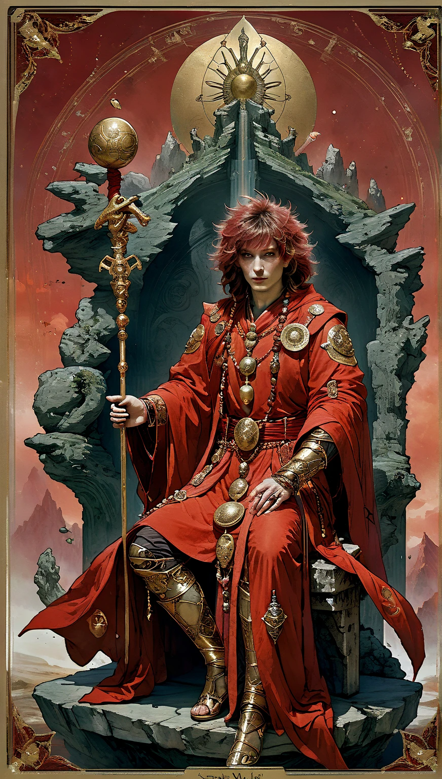 tarot, Man seated on a stone throne Throne decorated with sheep's heads wearing red robe and robe and Armor under the robes Ankh Scepter on his right hand and Golden Sphere on his left hand Bare mountains and red sky ((text at the end of the letter : "")) de Brian Froud e Carne Griffiths e Wadim Kashin ,  intricate details , oil
