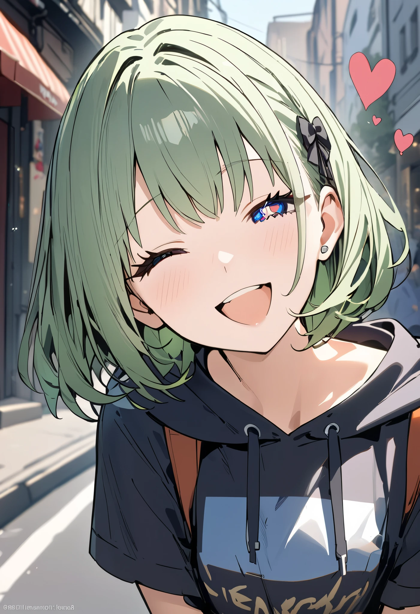 (((Best quality, 8k, Masterpiece: 1.3)), ((best quality)), ((masterpiece)), (detailed), perfect face, (detailed skin:1.3), (intricate details), Detailed eyes, green hair, medium hair, teenager, street, wink, happy, Heart symbol