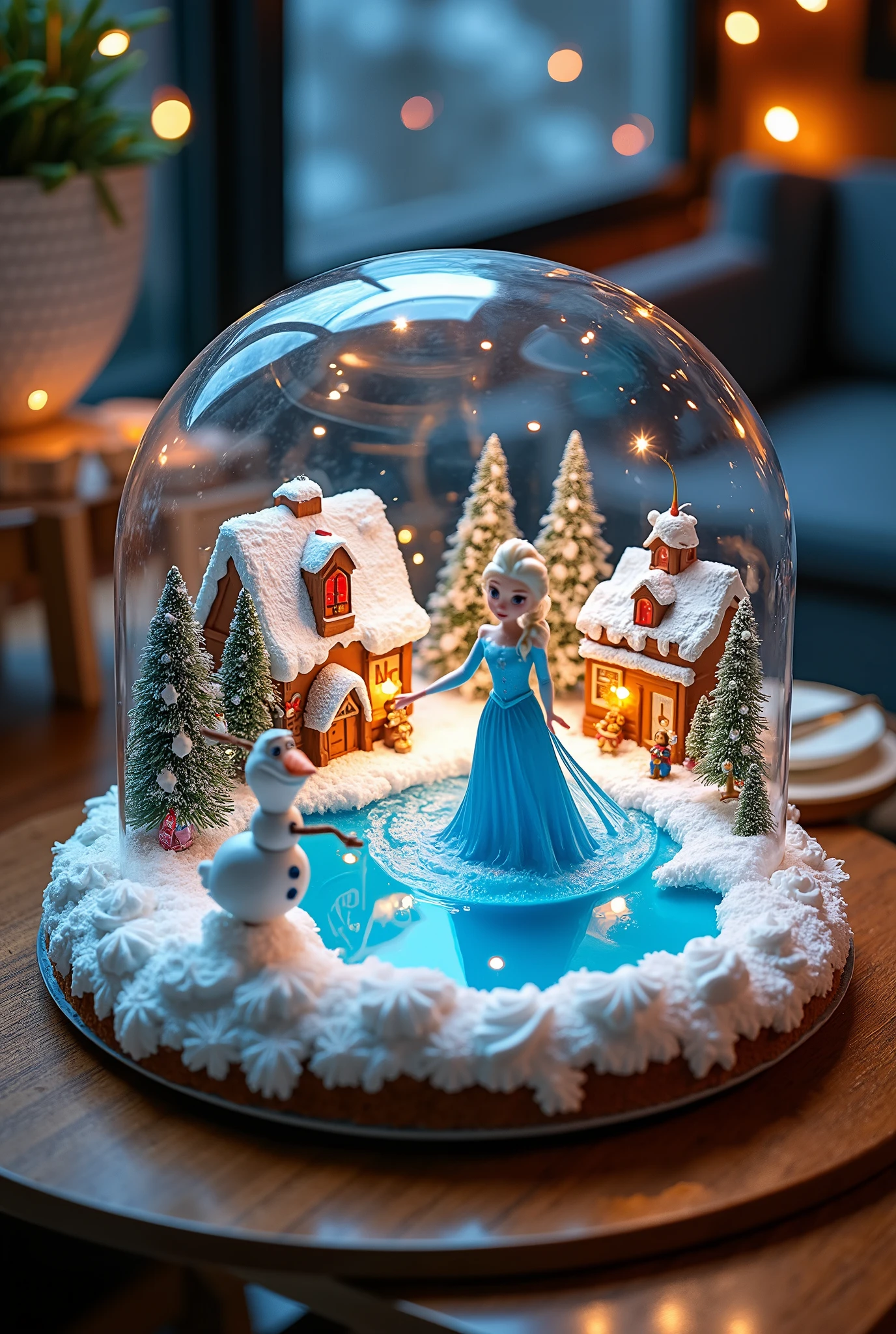 (8k, Highest quality, masterpiece), Christmas decorations, battery operated round decoration cake shaped toy, rotating toys, toys with ice dancing dolls, toys that imitate a Christmas town ,(,A rotating cylinder-shaped toy, A frozen lake, Characters from the movie Frozen are ice dancing, Elsa, Anna, Olaf:1.4,, )