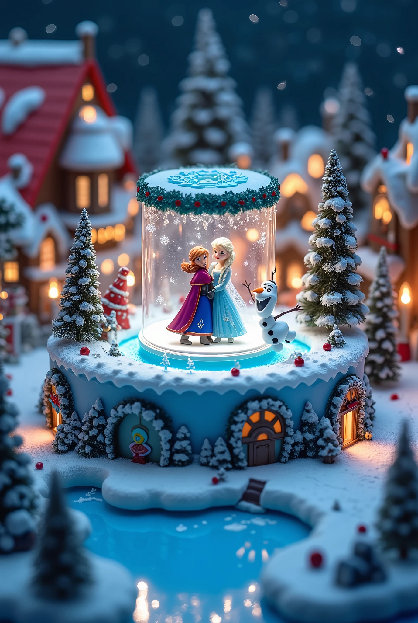 (8k, Highest quality, masterpiece), Christmas decorations, battery operated round decoration cake shaped toy, rotating toys, toys with ice dancing dolls, toys that imitate a Christmas town ,(,A rotating cylinder-shaped toy, A frozen lake, Characters from the movie Frozen are ice dancing, Elsa, Anna, Olaf:1.4,, )