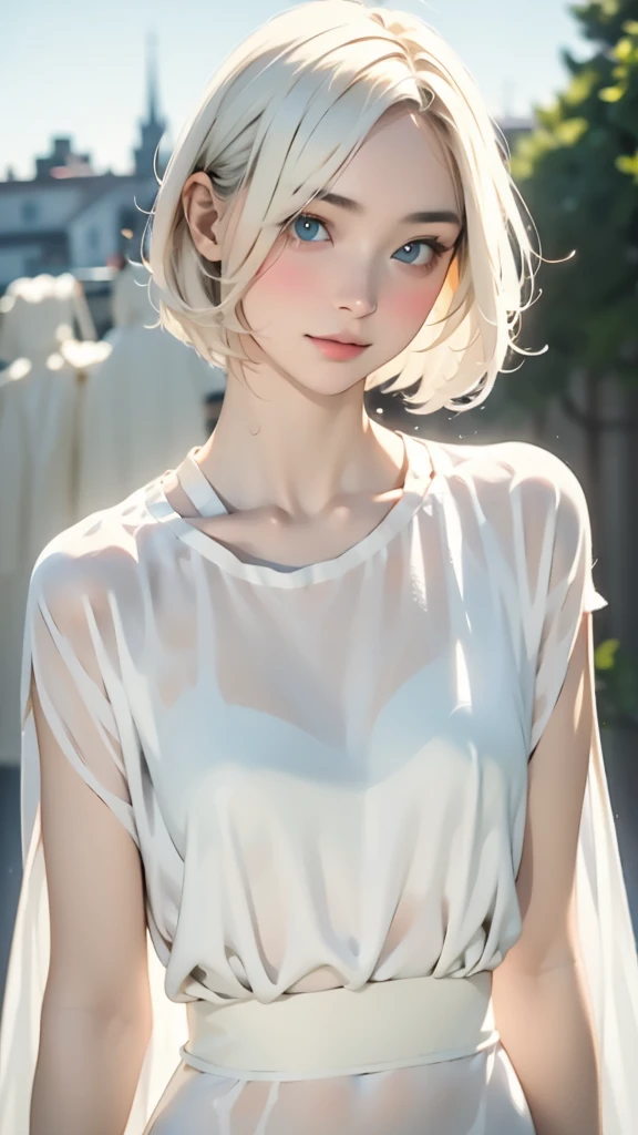 (masterpiece, best quality:1.2), 8k, 85mm, raw photo, absurdres, white and cyan theme, (liquid clothes, liquid dress:1.4), white hair, gradient dress, delicate girl, upper body, close up face, shiny skin, teen, looking at viewer, HDR, sharp focus, particle, twilight sky, detailed eyes and face, white hair, simple background,(Enhances the beauty of skin texture:1.1),((Extremely precise and accurate anatomy:1.0)),Kind eyes,Graceful pose,