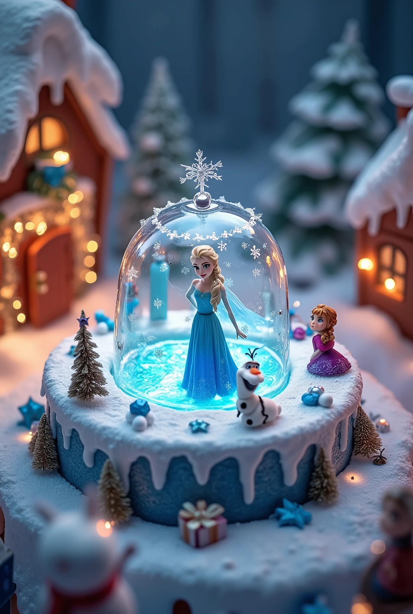 (8k, Highest quality, masterpiece), Christmas decorations, battery operated round decoration cake shaped toy, rotating toys, toys with ice dancing dolls, toys that imitate a Christmas town ,(,A rotating cylinder-shaped toy, A frozen lake, Characters from the movie Frozen are ice dancing, Elsa, Anna, Olaf:1.4,, )