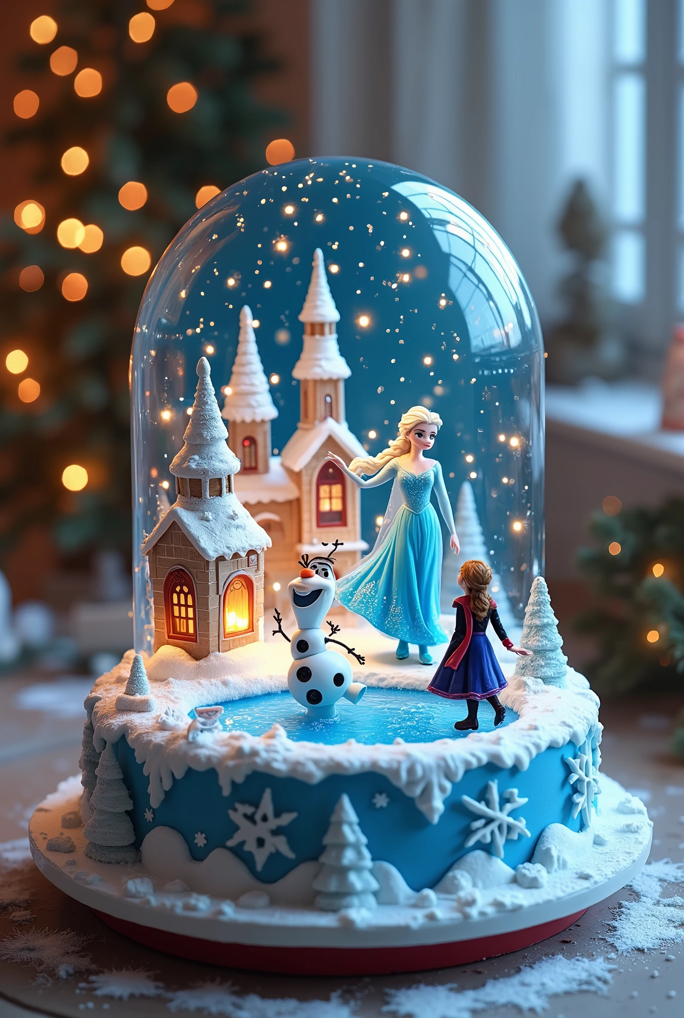 (8k, Highest quality, masterpiece), Christmas decorations, battery operated round decoration cake shaped toy, rotating toys, toys with ice dancing dolls, toys that imitate a Christmas town ,(,A rotating cylinder-shaped toy, A frozen lake, Characters from the movie Frozen are ice dancing, Elsa, Anna, Olaf:1.4,, )