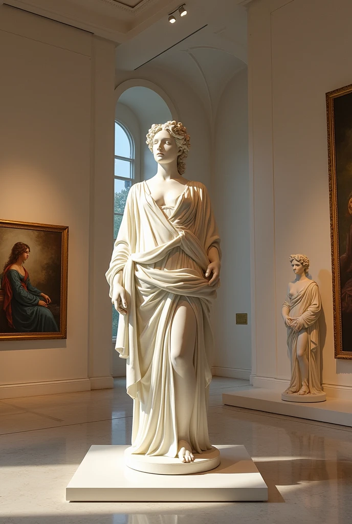 Dressed sculpture of a young beautiful woman,(Highest quality,Extremely detailed depiction,Incredibly absurd high resolution,Anatomically accurate depiction),marble,Statue of an ancient Greek goddess in clothing,whole body,background:museum,SFW:1.5,Healthy painting:1.5